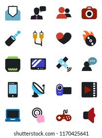 Color and black flat icon set - satellite antenna vector, flame disk, camera, gamepad, tv, video, cell phone, touch screen, speaker, laptop pc, group, heart, mail, rca, hdmi, jack connector, sound