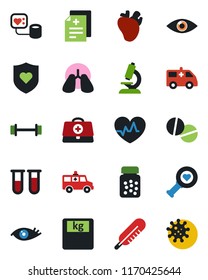 Color and black flat icon set - heart pulse vector, doctor case, diagnosis, blood pressure, test vial, thermometer, diagnostic, microscope, scales, pills, bottle, ambulance car, barbell, shield, eye