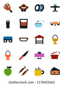 Color and black flat icon set - restaurant table vector, drink, coffee, plates, egg stand, cafe building, candle, dress code, alcove, kebab, ham, hot dog, knife, steaming pan, apple fruit, cheese