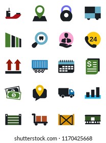 Color and black flat icon set - pin vector, cash, 24 hours, client, mobile tracking, sea shipping, truck trailer, car delivery, term, receipt, container, consolidated cargo, up side sign, sorting