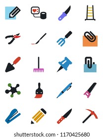 Color and black flat icon set - pencil vector, trowel, garden fork, rake, ladder, pruner, saw, knife, blood pressure, scalpel, share, themes, drawing pin, paper clip, pen, stapler, hard work