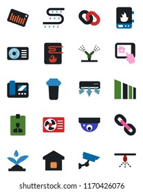 Color and black flat icon set - identity card vector, drip irrigation, sorting, barcode, chain, air conditioner, smart home, water heater, intercome, control app, filter, surveillance, sprinkler