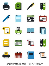 Color and black flat icon set - contract vector, book, pen, notepad, document, calendar, printer, medical, copybook, search