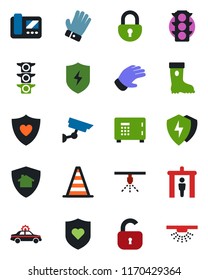 Color and black flat icon set - security gate vector, alarm car, border cone, safe, glove, boot, heart shield, traffic light, protect, lock, intercome, home, surveillance, sprinkler