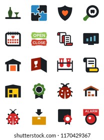 Color and black flat icon set - contract vector, statistic monitor, lady bug, blood test vial, heart shield, medical calendar, warehouse, package, search cargo, application, sertificate, alcohol