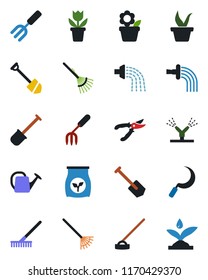 Color and black flat icon set - job vector, flower in pot, garden fork, shovel, rake, seedling, watering can, pruner, hoe, sickle, fertilizer, irrigation