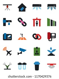 Color and black flat icon set - plane radar vector, security gate, identity card, drip irrigation, sorting, chain, air conditioner, smart home, intercome, water filter, warm floor, surveillance
