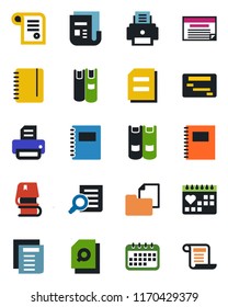 Color and black flat icon set - book vector, document search, notepad, printer, medical calendar, folder, news, copybook, schedule, contract
