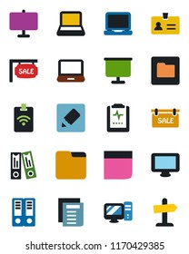 Color and black flat icon set - identity vector, office binder, document, pulse clipboard, monitor, laptop pc, folder, notes, presentation board, blank box, notebook, sale, pass card, guidepost
