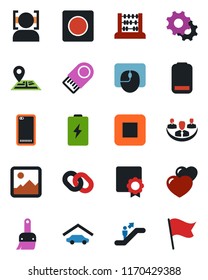 Color and black flat icon set - escalator vector, abacus, mouse, navigation, chain, heart, low battery, stop button, phone back, gallery, settings, themes, record, face id, sertificate, company