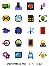 Color and black flat icon set - clouds vector, ladder, tomography, tv, network, phone back, mobile camera, settings, record, sim, data exchange, download, face id, sun panel, wireless, pc, windmill