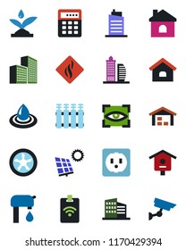 Color and black flat icon set - house vector, bird, office building, sun panel, water supply, warehouse, city, socket, fan, irrigation, smoke detector, radiator, eye scan, combination lock