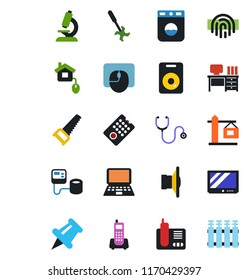 Color and black flat icon set - mouse vector, desk, notebook pc, saw, ripper, stethoscope, blood pressure, microscope, office phone, speaker, tv, radio, paper pin, fingerprint id, crane, remote