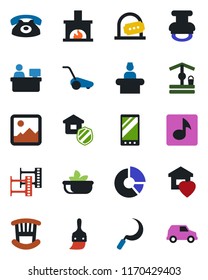 Color and black flat icon set - reception vector, ticket office, manager place, circle chart, lawn mower, well, sickle, film frame, mobile, gallery, themes, music, stamp, children room, sweet home