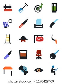 Color and black flat icon set - signpost vector, office chair, shovel, ladder, sickle, garden knife, eye, broken bone, music, paper tray, sun panel, sale, key, table, drink, dress code