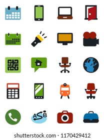Color and black flat icon set - train vector, phone, mobile, calendar, route, camera, video, monitor, laptop pc, torch, calculator, chip, door, home message, earth, office chair, case