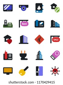 Color and black flat icon set - office building vector, tv, monitor, radio phone, sale, rent, key, sweet home, fridge, estate insurance, power plug, water heater, web camera, intercome, usb flash