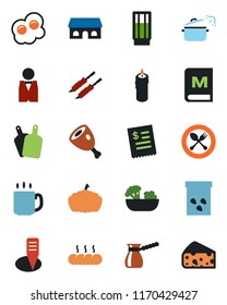Color and black flat icon set - spoon and fork vector, plant label, pumpkin, seeds, coffee, waiter, menu, drink, salad, bread, cafe building, candle, restaurant receipt, kebab, ham, cutting board