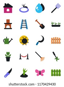 Color and black flat icon set - fence vector, job, flower in pot, farm fork, rake, ladder, watering can, sproute, butterfly, house, seedling, water drop, sun, sickle, garden knife, fireplace, pond