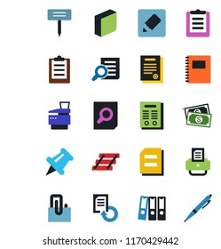 Color and black flat icon set - document search vector, reload, printer, plant label, cash, clipboard, paper pin, notes, copybook, clip, blank box, binder, tray, copier, contract, pen