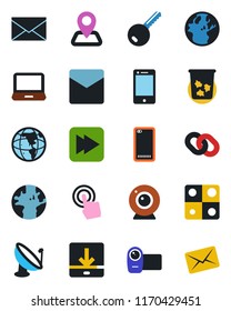 Color and black flat icon set - trash bin vector, mail, navigation, earth, satellite antenna, video camera, cell phone, touch screen, laptop pc, chain, fast forward, back, download, application, key
