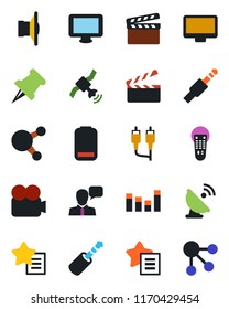 Color and black flat icon set - satellite antenna vector, clapboard, speaker, equalizer, video camera, remote control, monitor, share, favorites list, paper pin, low battery, rca, jack connector