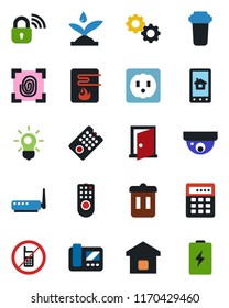 Color and black flat icon set - no mobile vector, smart home, socket, fingerprint, wireless lock, remote control, irrigation, water heater, router, intercome, app, gear, filter, bulb, trash bin