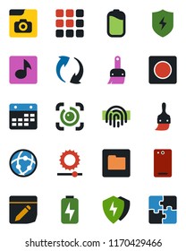 Color and black flat icon set - phone back vector, menu, update, protect, themes, record, network, folder, calendar, notes, brightness, eye id, fingerprint, music, photo gallery, battery, charge