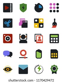 Color and black flat icon set - menu vector, message, mobile camera, protect, themes, calculator, stopwatch, mail, sd, sim, brightness, cut, face id, eye, video, photo gallery, battery, charge
