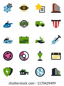Color and black flat icon set - office building vector, pennant, circle chart, syringe, term, network, favorites list, protect, eye id, fingerprint, calendar, house with garage, pond, snowflake, car