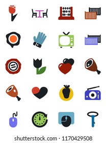 Color and black flat icon set - cafe vector, tv, abacus, mouse, stamp, glove, real heart, cargo container, tulip, radio, ham, clock, tie