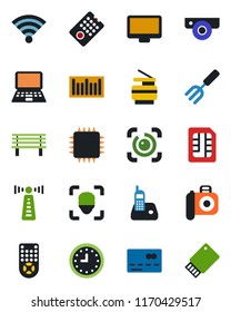 Color and black flat icon set - antenna vector, credit card, notebook pc, garden fork, bench, clock, barcode, camera, remote control, monitor, radio phone, sim, wireless, face id, eye, copier, chip