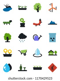 Color and black flat icon set - tree vector, watering can, wheelbarrow, seedling, water drop, rain, seeds, caterpillar, pond, house with, windmill, mountains, flower in pot, alcohol, smoke detector