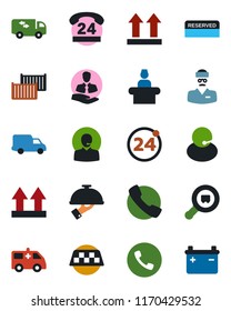 Color and black flat icon set - taxi vector, 24 around, phone, reception, ambulance car, doctor, hours, support, client, cargo container, delivery, up side sign, search, call, moving, reserved