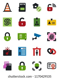 Color and black flat icon set - security gate vector, bomb in case, identity, border cone, safe, card, chain, sd, lock, face id, estate insurance, fingerprint, wireless, combination, surveillance
