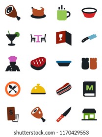 Color and black flat icon set - hot cup vector, spoon and fork, cafe, cook, dish, wine card, menu, cocktail, bacon, salt pepper, restaurant receipt, chicken, steak, ham, bowl, knife, storefront