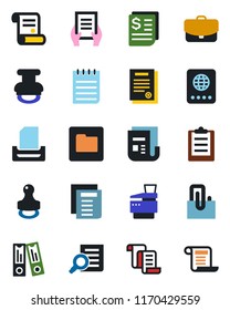 Color and black flat icon set - passport vector, contract, office binder, document search, notepad, receipt, news, folder, clipboard, paper clip, tray, copier, stamp, case