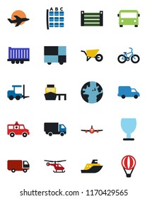 Color and black flat icon set - airport bus vector, fork loader, plane, helicopter, seat map, wheelbarrow, ambulance car, bike, earth, sea shipping, truck trailer, delivery, port, container, fragile