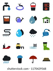 Color and black flat icon set - watering can vector, bucket, boot, water drop, rain, hose, pond, drip irrigation, sea shipping, port, umbrella, warehouse, pool, supply, drink, heater, filter