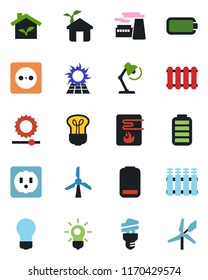 Color and black flat icon set - bulb vector, factory, battery, low, brightness, desk lamp, eco house, socket, water heater, radiator, energy saving, sun panel, windmill
