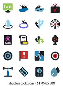 Color and black flat icon set - bomb in case vector, passport, statistic monitor, contract, water drop, pond, pills blister, route, important flag, antenna, application, target, fruit tree