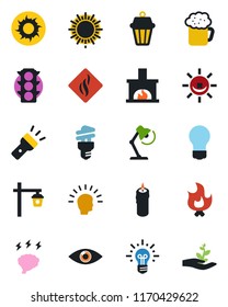 Color and black flat icon set - sun vector, brainstorm, bulb, fire, garden light, eye, traffic, torch, desk lamp, fireplace, beer, candle, smoke detector, energy saving, outdoor, alarm led, idea