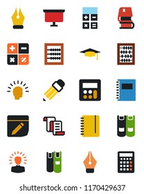 Color and black flat icon set - contract vector, book, calculator, graduate, abacus, notepad, presentation board, notes, copybook, ink pen, pencil, shining head