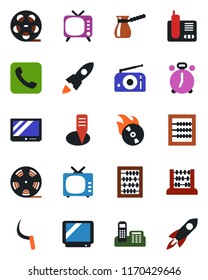 Color and black flat icon set - alarm clock vector, abacus, sickle, plant label, reel, flame disk, radio, tv, phone, call, office, turkish coffee, rocket