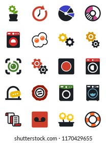 Color and black flat icon set - ticket office vector, washer, contract, circle chart, stamp, record, eye id, pie graph, flower in pot, omelette, gear, clock, crisis management