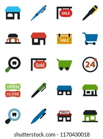 Color and black flat icon set - 24 around vector, shop, pen, store, search cargo, sale, sold signboard, cafe building, open close, cart, storefront