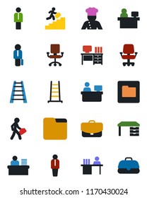 Color and black flat icon set - manager vector, desk, place, ladder, folder, career, cook, office chair, case