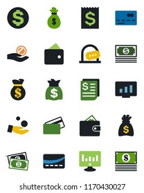 Color and black flat icon set - credit card vector, ticket office, dollar sign, money bag, statistic monitor, cash, receipt, wallet, investment