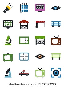 Color and black flat icon set - barrier vector, tv, alarm car, seat map, bench, monitor pulse, microscope, eye, torch, plan, alcove, scan