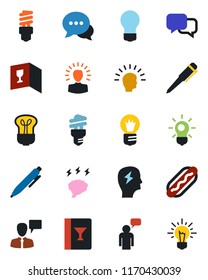 Color and black flat icon set - speaking man vector, pen, brainstorm, bulb, dialog, wine card, hot dog, energy saving, shining head, idea